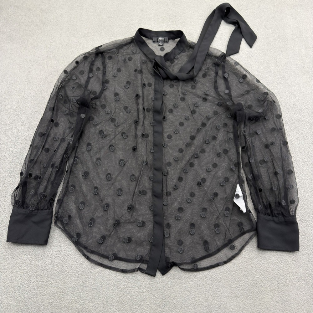 J Crew Sheer Tie Neck Long Sleeve Button Blouse Black Dotted Polka Dot Tulle S - Picture 4 of 16